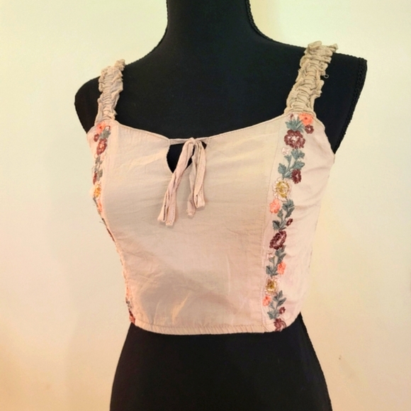 Japna Tops - "Japna" Cream Color‎ Crop Top W/Tie Front & Floral Emboidery (Size Small)